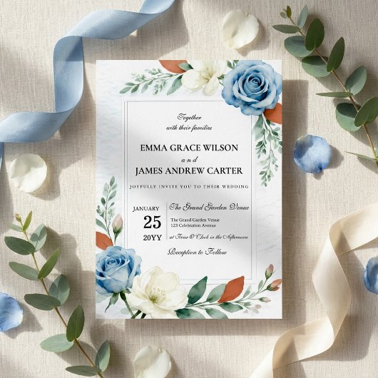 Dusty Blue and Terracotta Floral Wedding Kaart