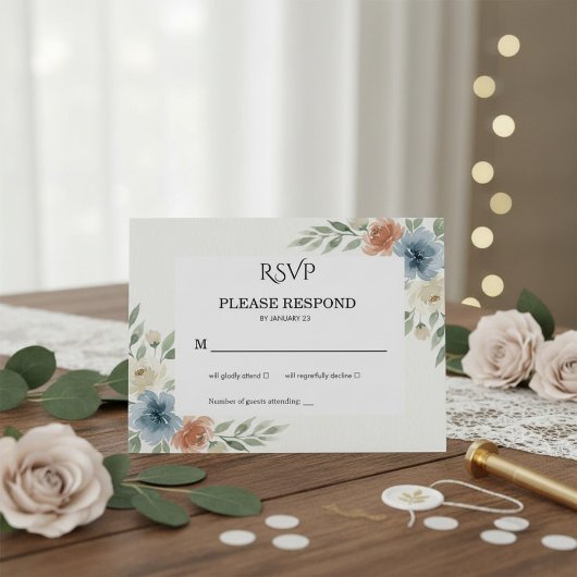 Dusty Blue and Terracotta Floral Wedding RSVP Kaartje