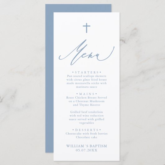 Dusty Blue and White Cross Boy Baptism Menu Card (Voorkant / Achterkant)