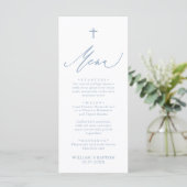 Dusty Blue and White Cross Boy Baptism Menu Card (Staand voorkant)