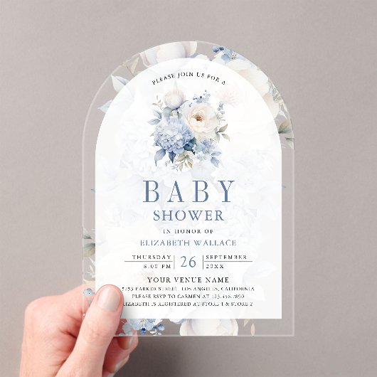 Dusty Blue and White Floral Baby shower Acryl Uitnodigingen (Insitu (Draagbaar))