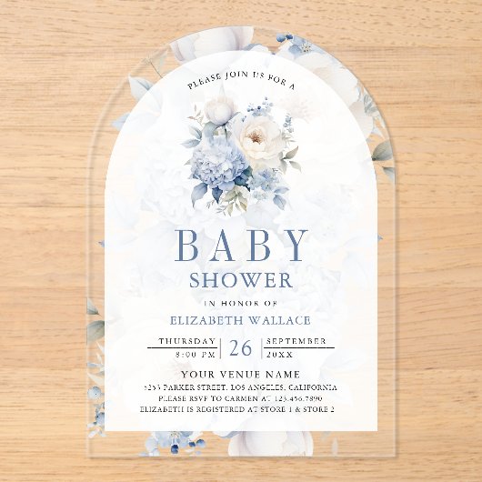 Dusty Blue and White Floral Baby shower Acryl Uitnodigingen (Voorkant)