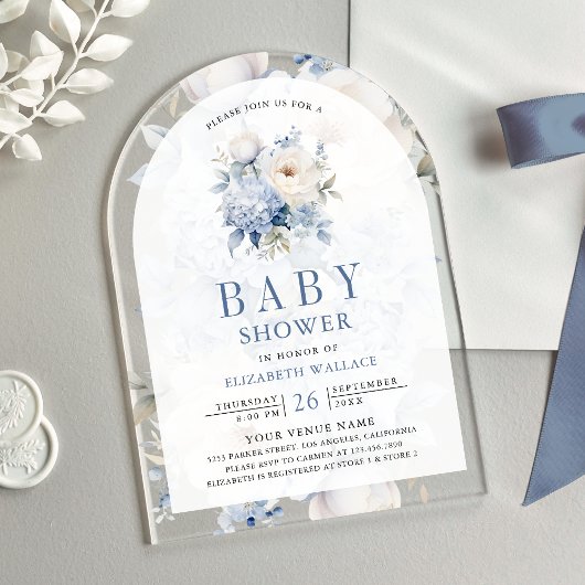 Dusty Blue and White Floral Baby shower Acryl Uitnodigingen