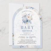 Dusty Blue and White Floral QR Code Baby shower Kaart (Voorkant)