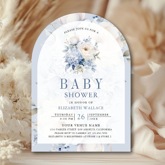 Dusty Blue and White Floral QR Code Baby shower Kaart