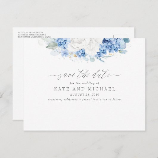 Dusty Blue and White Floral Sla de datum op Briefkaart (Voorkant / Achterkant)