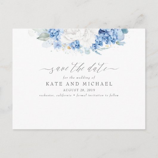 Dusty Blue and White Floral Sla de datum op Briefkaart (Voorkant)