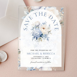 Dusty Blue and White Floral Wedding Save the Date Acryl Uitnodigingen