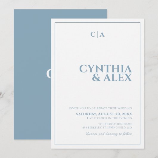 Dusty Blue and White Minimalist Wedding Invitation Kaart (Voorkant / Achterkant)