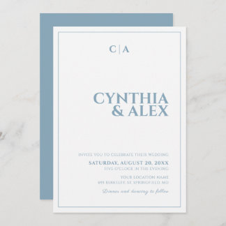 Dusty Blue and White Minimalist Wedding Invitation Kaart