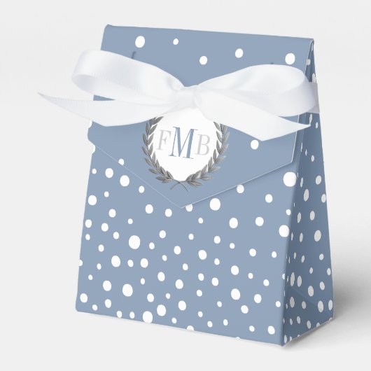 Dusty blue and white polka dot pattern wedding fav bedankdoosjes (Voorkant Zijde)
