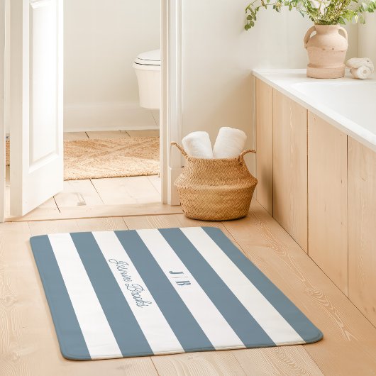 Dusty Blue and White Wide Stripes Monogram Naam Badmat