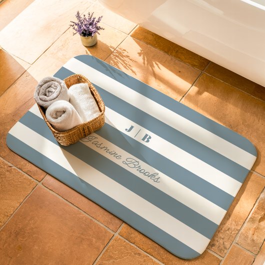 Dusty Blue and White Wide Stripes Monogram Naam Badmat