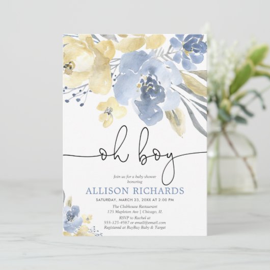 Dusty blue and yellow floral boy baby shower kaart (Staand voorkant)