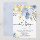 Dusty blue and yellow floral boy baby shower kaart (Voorkant / Achterkant)