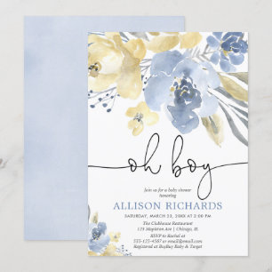 Dusty blue and yellow floral boy baby shower kaart