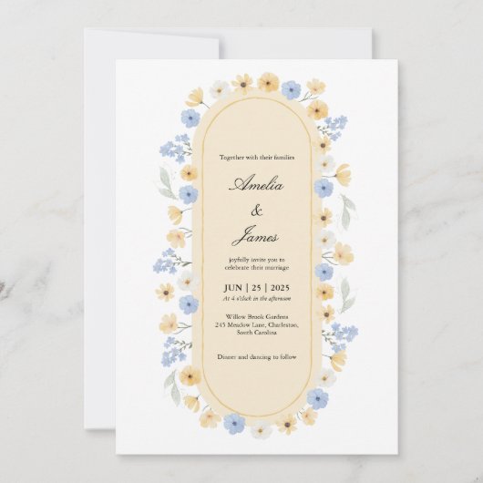 Dusty Blue and Yellow Wildflower Garden Wedding Kaart (Voorkant)
