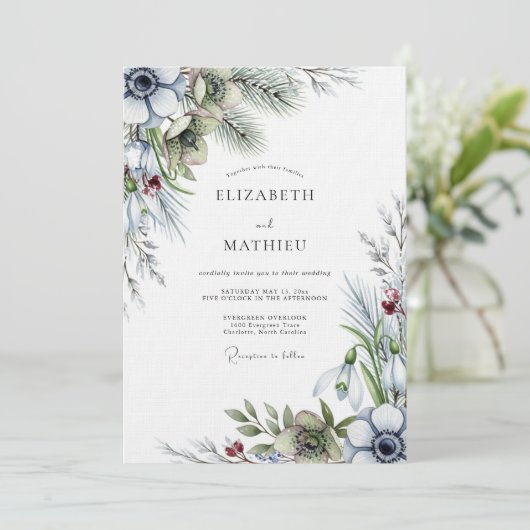 Dusty Blue Anemone Winter Wedding Kaart (Staand voorkant)
