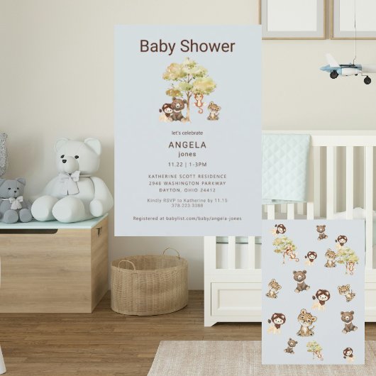 Dusty Blue Animals Boy Baby shower Invitation Kaart