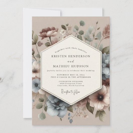 Dusty Blue Antique Floral Wedding Kaart (Voorkant)