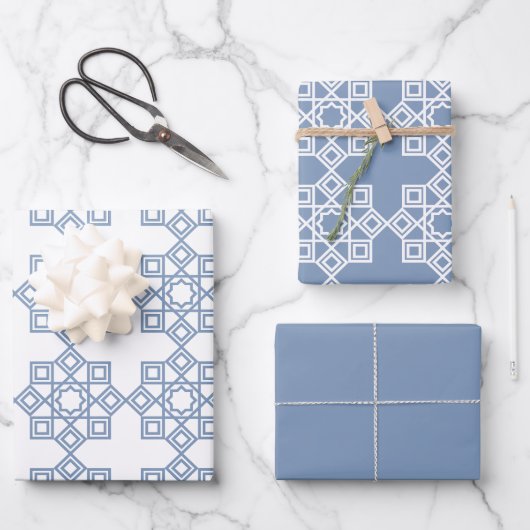 Dusty Blue Arabesque Geometric Pattern Inpakpapier Vel (Voorkant)