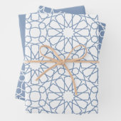 Dusty Blue Arabesque Pattern Gift Wrapping Paper (In situ)