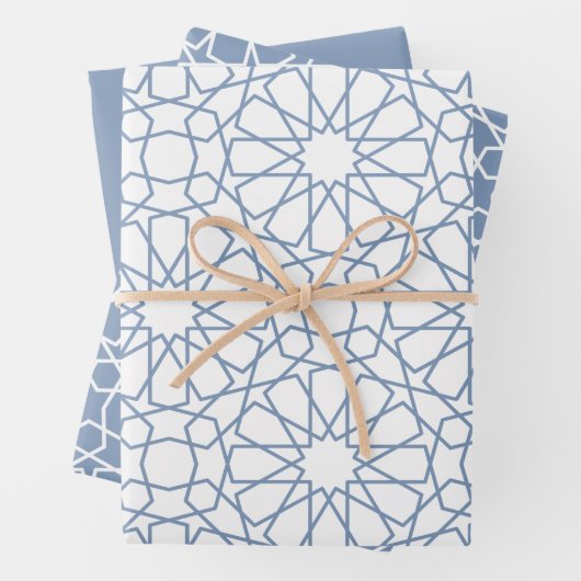 Dusty Blue Arabesque Pattern Gift Wrapping Paper (In situ)