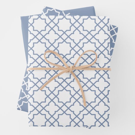 Dusty Blue Arabesque Pattern Gift Wrapping Paper (In situ)