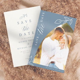 Dusty Blue Arch Boho Minimal Leaf Photo Save The Date