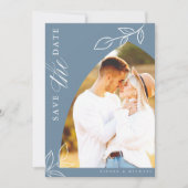Dusty Blue Arch Boho Minimal Leaf Photo Save The Date (Voorkant)