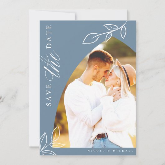 Dusty Blue Arch Boho Minimal Leaf Photo Save The Date (Voorkant)