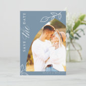 Dusty Blue Arch Boho Minimal Leaf Photo Save The Date (Staand voorkant)