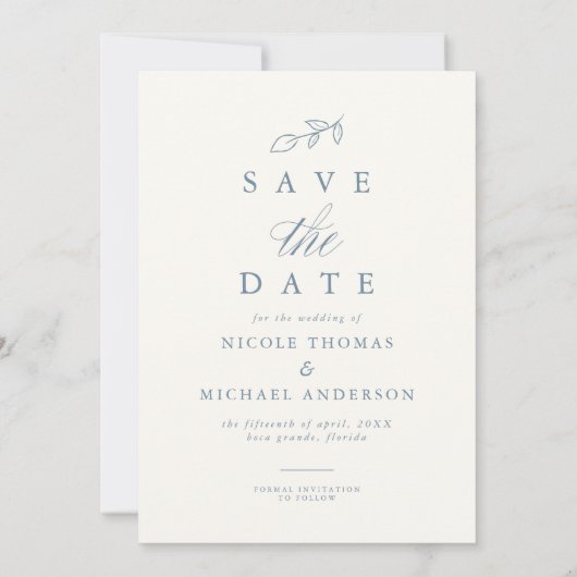 Dusty Blue Arch Boho Minimal Leaf Photo Save The Date (Achterkant)