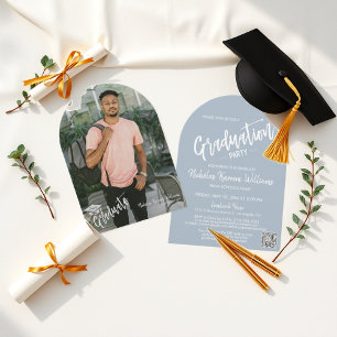Dusty Blue Arch Photo Graduation Party QR-code Kaart