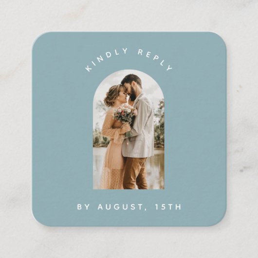 Dusty Blue Arch Photo QR Code Online Weddenschap R Informatiekaartje (Voorkant)