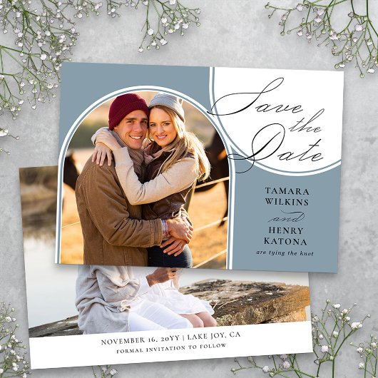 Dusty Blue Arched Foto Bruiloft Kalligrafie Save The Date