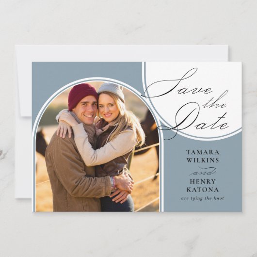 Dusty Blue Arched Foto Bruiloft Kalligrafie Save The Date (Voorkant)