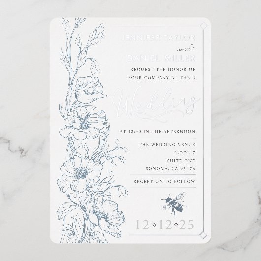 Dusty Blue Art Deco Wildflower Huwelijksuitnodigin Folie Uitnodiging (Voorkant)