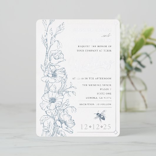 Dusty Blue Art Deco Wildflower Huwelijksuitnodigin Folie Uitnodiging (Staand Voorkant)