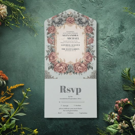  Dusty Blue Art Nieuwe Victoriaans bruiloft All In One Uitnodiging