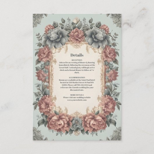 Dusty Blue Art Nieuwe Victoriaans bruiloft Informatiekaartje (Voorkant)