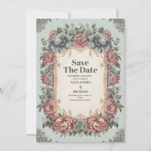  Dusty Blue Art Nieuwe Victoriaans bruiloft Save The Date (Voorkant)