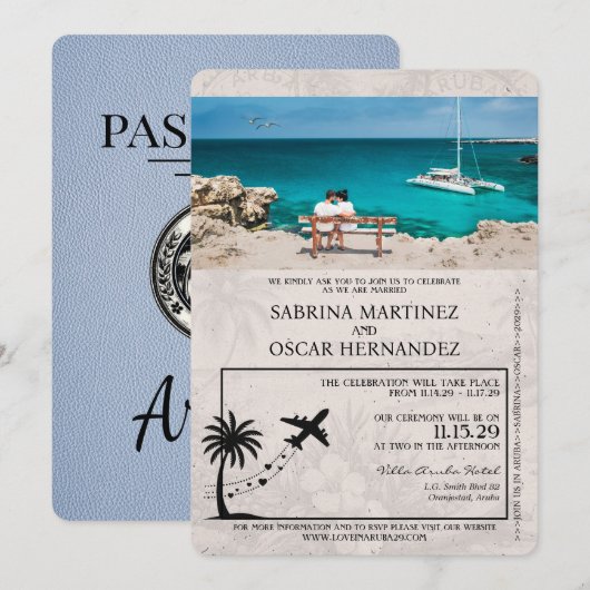 Dusty Blue Aruba Passport Wedding Invitation Kaart (Voorkant / Achterkant)