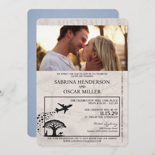 Dusty Blue Australia Passport Wedding Invitation Kaart (Voorkant / Achterkant)