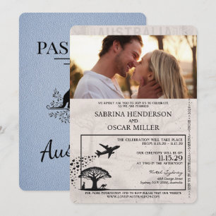 Dusty Blue Australia Passport Wedding Invitation Kaart