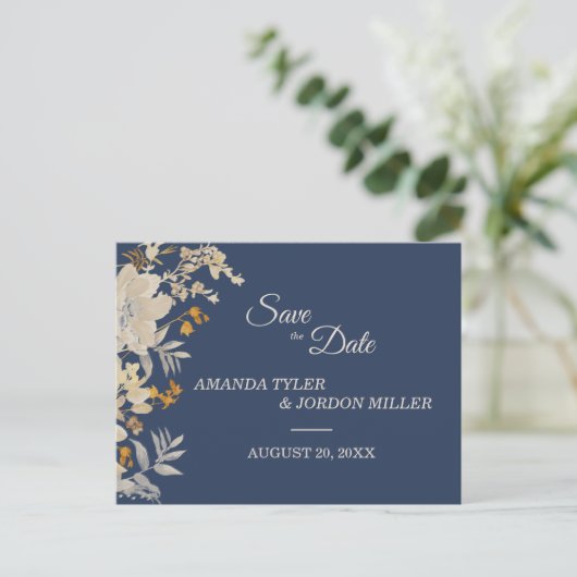 Dusty Blue Autumn Boho Wedding Save the Date Aankondigingskaart (Staand voorkant)