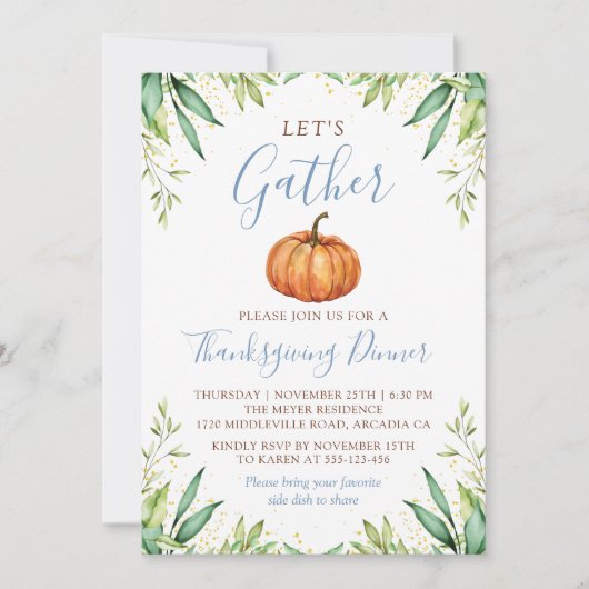 Dusty Blue Autumn Pumpkin Thanksgiving Dinner Kaart (Voorkant)