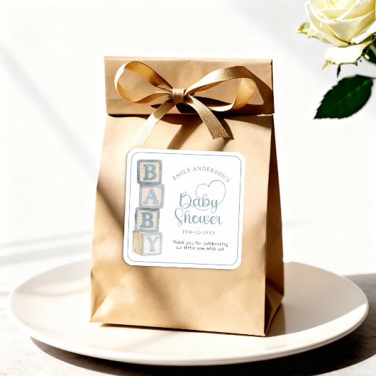 Dusty Blue Baby Blocks Baby Shower Favor Sticker