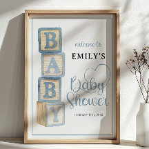 Dusty Blue Baby Blocks Baby Shower Welcome Poster
