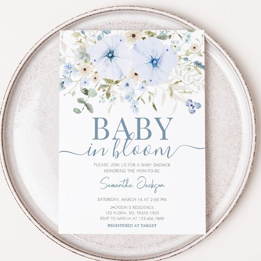 Dusty Blue Baby Bloom Baby shower Kaart